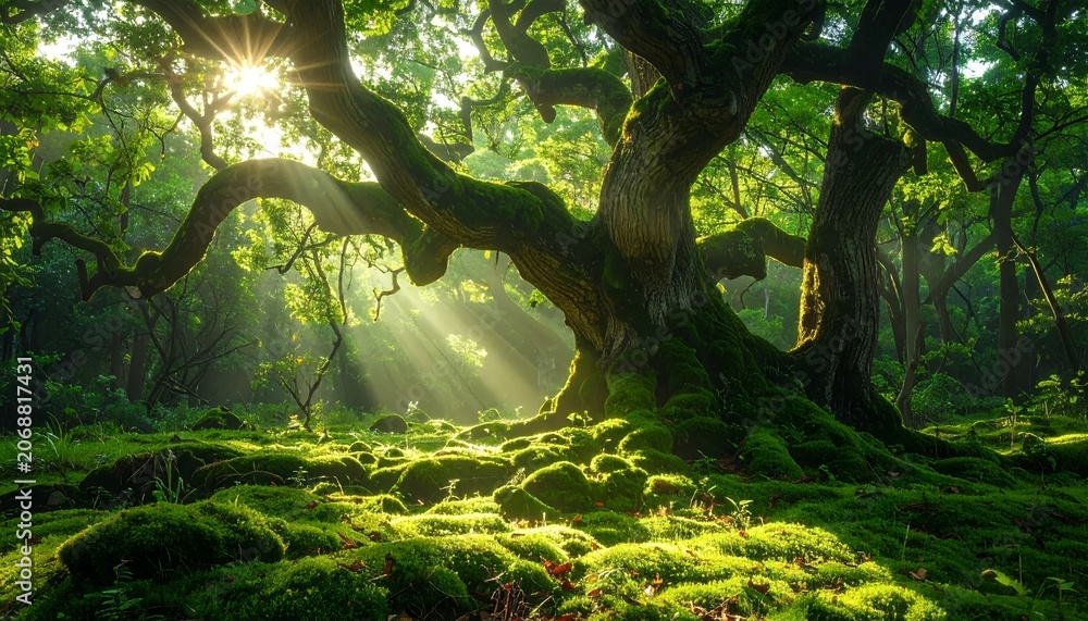 Fototapeta premium Ancient Oak Tree in Sunlit Enchanted Forest.