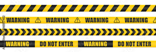 Warning black and yellow tape set vector. Isolated warning ribbon line on white background. Realistic warning yellow stripe tapes. Do not enter seamless pattern concept lines. Vector illustration.