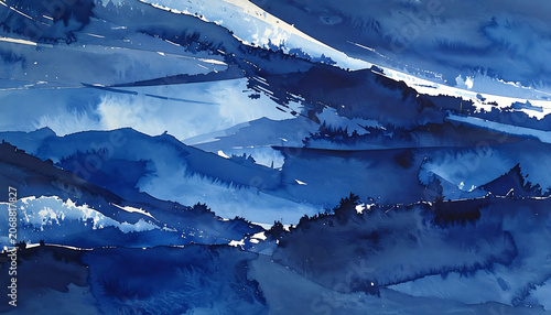 Abstract deep blue watercolor wash texture with fluid ink bleeds, moody ocean waves, serene stormy sky, organic paint layers