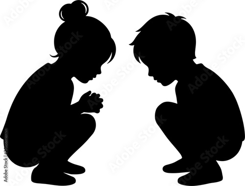 Two children crouch and converse in silhouette against a white background