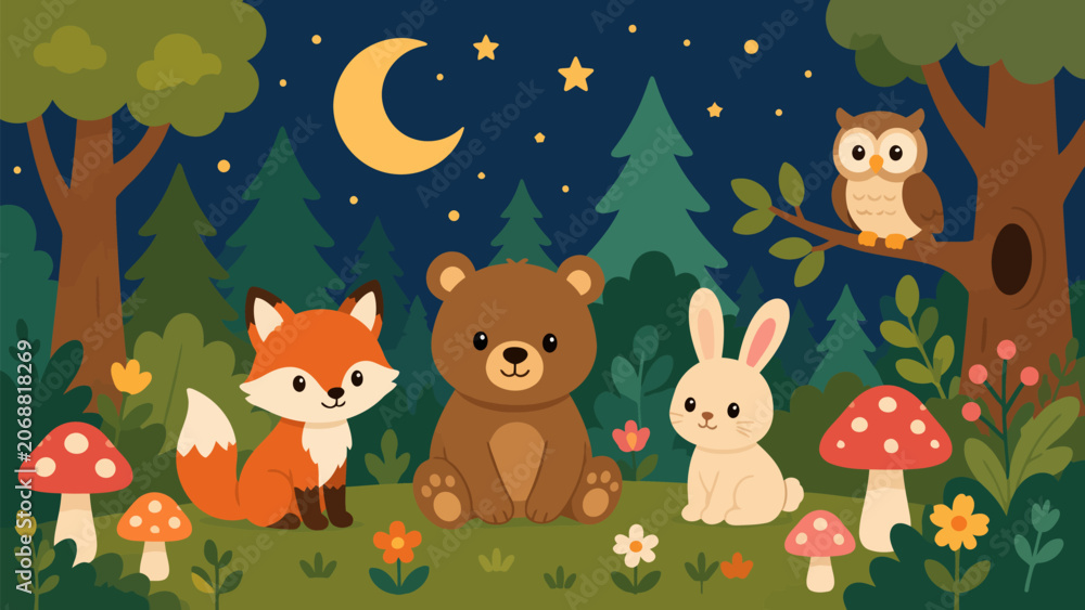 Naklejka premium Woodland Friends at Night: A charming scene of forest animals – a fox, bear, and rabbit – gathered under a starry night sky with a crescent moon, surrounded by whimsical mushrooms and trees.