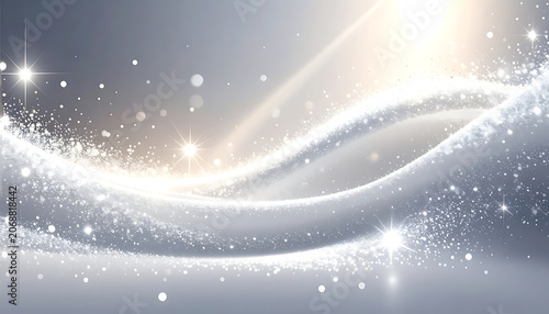 Abstract flowing silver wave with shimmering particles, glowing light streaks, elegant festive luxury background