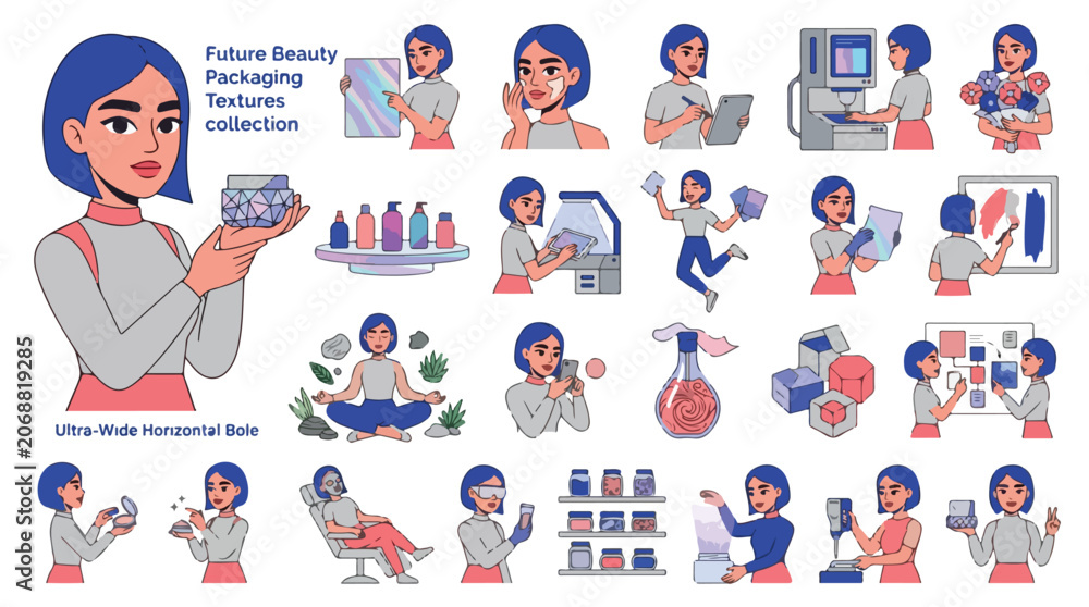 Fototapeta premium Future Beauty Packaging Textures collection, 20 cosmetic industry character illustrations, flat vector skincare production and lab research set