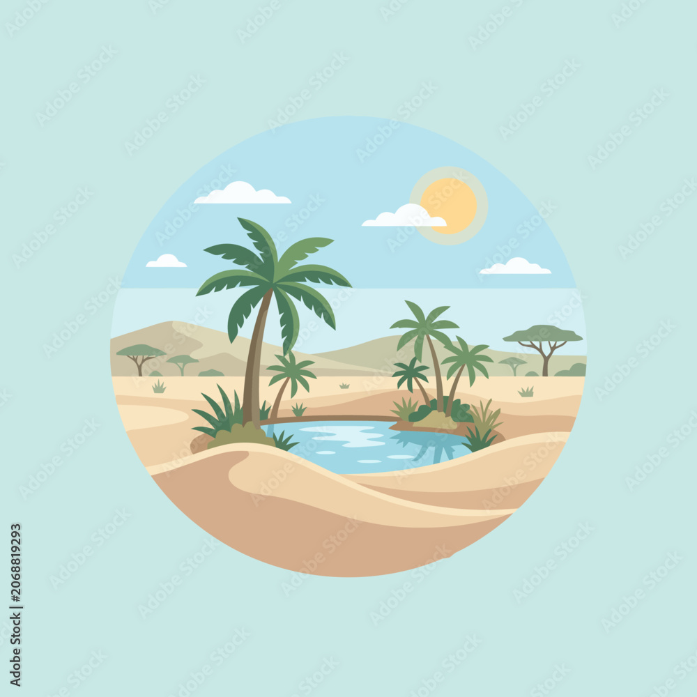 Fototapeta premium A peaceful desert oasis with palm trees and water