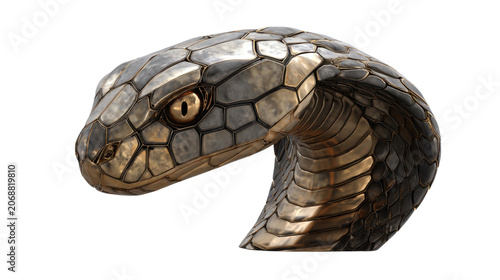 Hyperrealistic metallic cobra head sculpture with segmented armor scales reflective bronze surface dramatic studio macro lighting detail render on white background