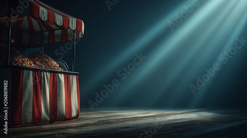 Vintage carnival game booth with striped awning and overflowing prizes. dramatic lighting. 3D rend
