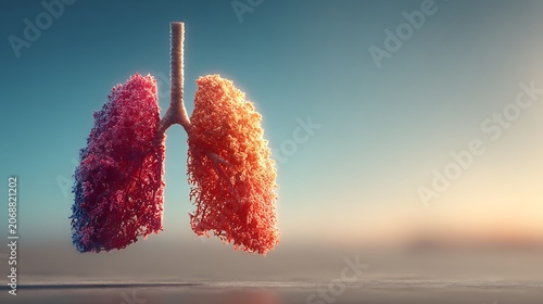 Abstract vibrant textured human lungs. red and orange. floating against a soft gradient sky. conce