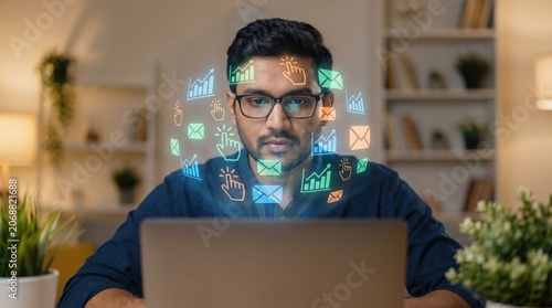 Digital Marketing Concept featuring Indian Marketer, Holographic Analytics Graphs, and Blogging Content Data over Blurred Office Background