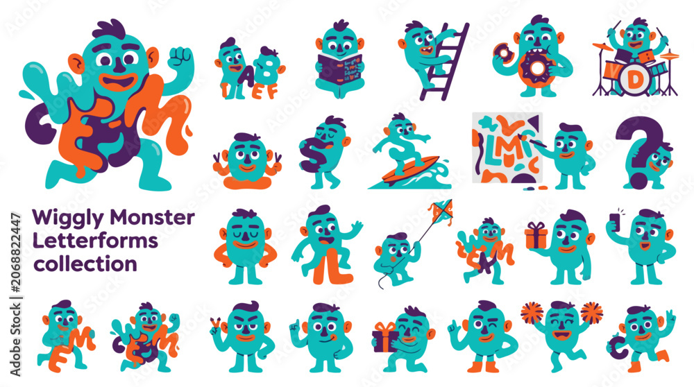 Fototapeta premium Wiggly Monster Letterforms collection, cute teal and orange cartoon character set, playful alphabet mascot vector illustrations for kids