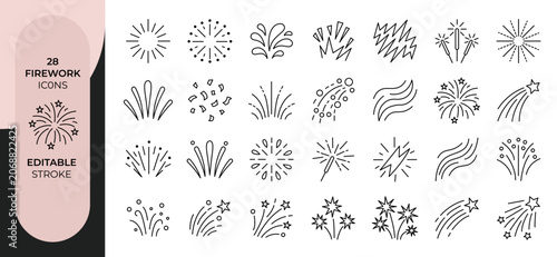 Photos Fireworks Celebration Outline Icon Set Editable Stroke Vector