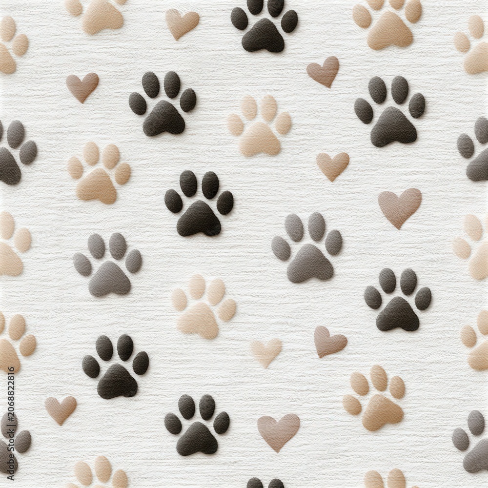 Fototapeta premium Small paw print pattern in soft pastel tones, pet care concept, playful decorative texture, modern animal design. SEAMLESS PATTERN