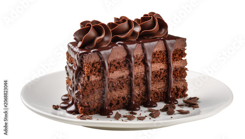 Photos Decadent chocolate cake slice with rich ganache and frosting swirls, isolated on