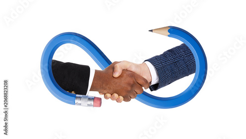Business handshake framed by blue infinity pencil symbol. Concept of lasting partnerships, corporate trust, continuous collaboration and sustainable agreements.