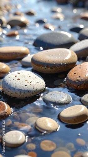 Smooth river stones resting in clear flowing water at daytime