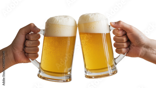 Fotografía Two hands holding frothy beer mugs clinking together, isolated on transparent ba
