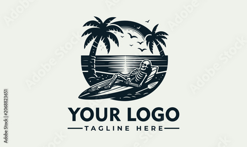 Foto Skeleton Relaxing on Surfboard Tropical Beach Vector Logo Illustration Design Te