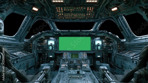 Futuristic spaceship cockpit with green screen display