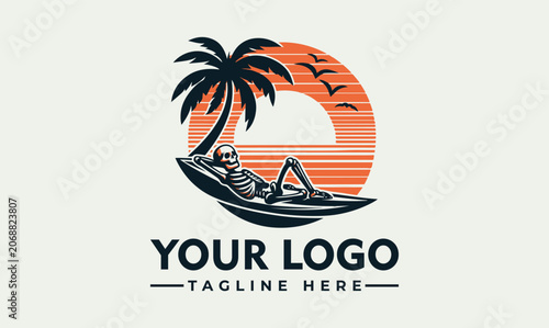 Bild auf Leinwand Relaxing Skeleton on a Tropical Beach Vector Logo Illustration Design