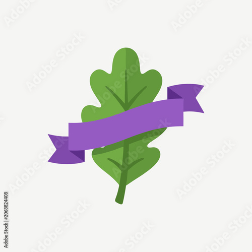 A green leaf illustration decorated with a purple ribbon banner
