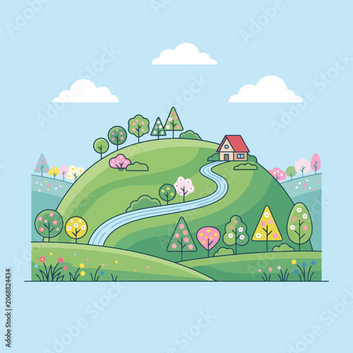 A peaceful green hill with a small house and trees