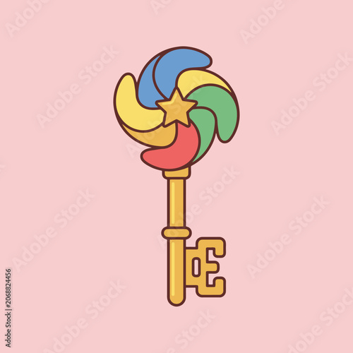 A colorful decorative key with a spinning pinwheel top design