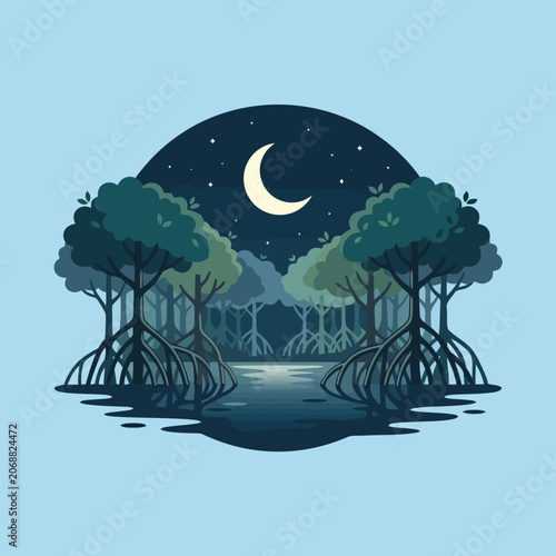 A serene mangrove forest under a glowing crescent moon