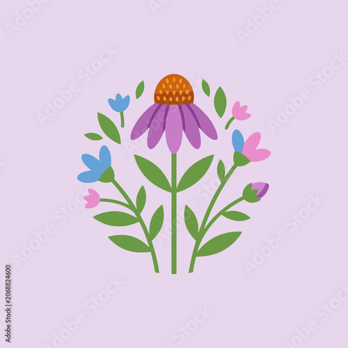 Simple graphic illustration of a colorful spring flower bouquet