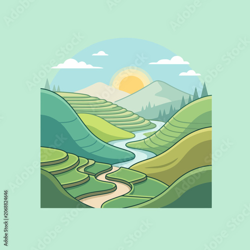 A peaceful sunrise over green terraced rice fields