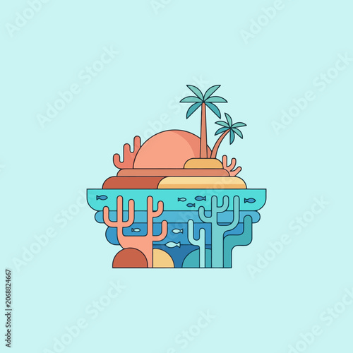 Flat vector illustration of a tropical island and coral reef