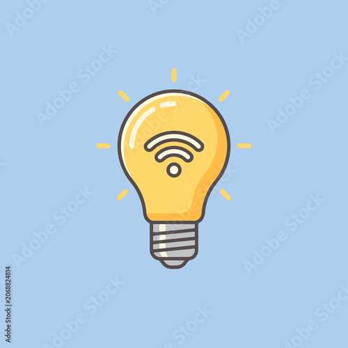 A glowing yellow light bulb with a wireless internet symbol