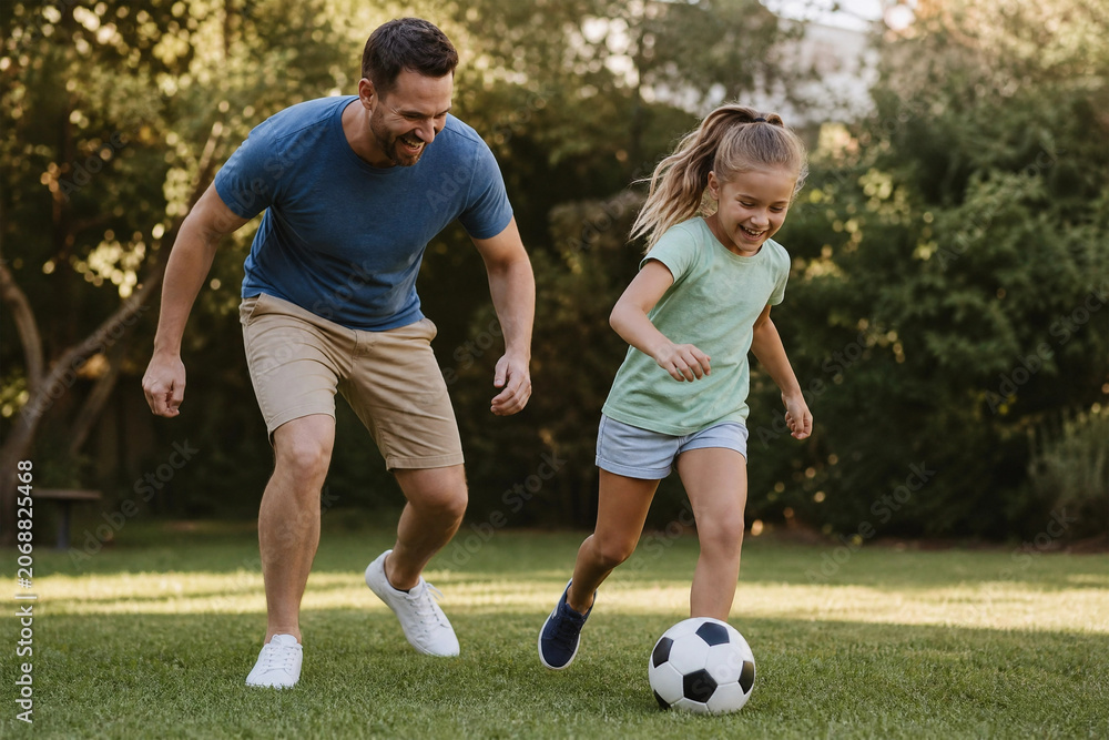 Obraz premium Father and Daughter Playing Soccer Together in Park Family Bonding and Outdoor Fun