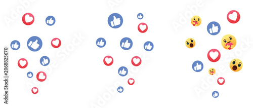 Social Media Reaction Elements flying. Floating like, heart and emoji icons vector set for digital engagement, live stream feedback, notification and app interaction