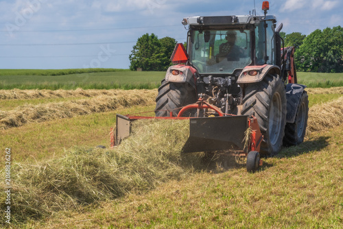Slika na platnu Red tractor raking hay on a sunny summer field