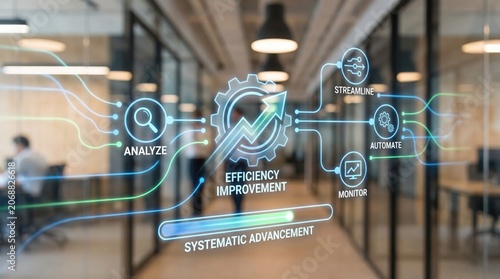 Business Process Optimization Workflow Visualization with Efficiency Improvement, Systematic Advancement, and Operational Excellence Concepts Over Heavily Defocused Corporate Background