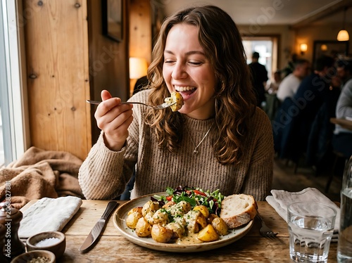 Woman Enjoying Healthy Meal in Cozy Restaurant.