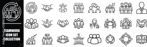 Modern teamwork collaboration icons. Professional business meeting, partnership, management, leadership, brainstorming and leadership glyph symbols. editable vector
