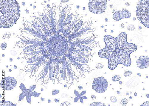 Colorful seamless marine pattern with corals, seahorses, fish, turtles, shells and sea plants, hand drawn vector illustration for wallpaper, textile, packaging and decorative print.
