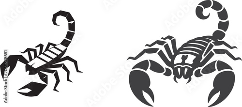 Foto Black scorpion vector silhouettes with sharp claws and curved stinger tails for