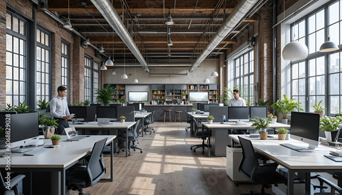 Office interior shows a spacious industrial workspace with employees working at their computer desks.