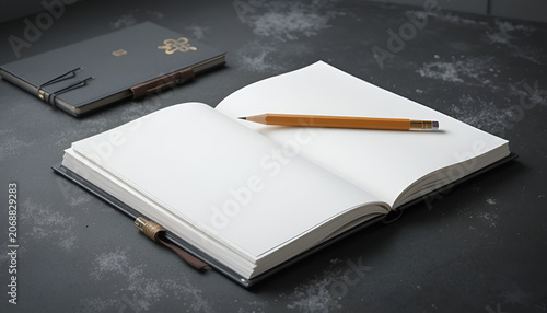 Sketchbook is displayed on a dark textured surface next to a yellow pencil and a secondary closed book.