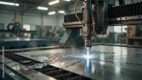 Industrial laser cutting machine in operation cutting metal sheet in factory
