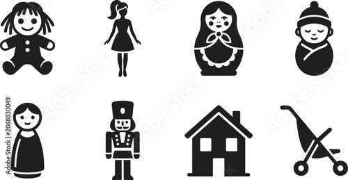 Black silhouettes of dolls and toys for nursery decoration