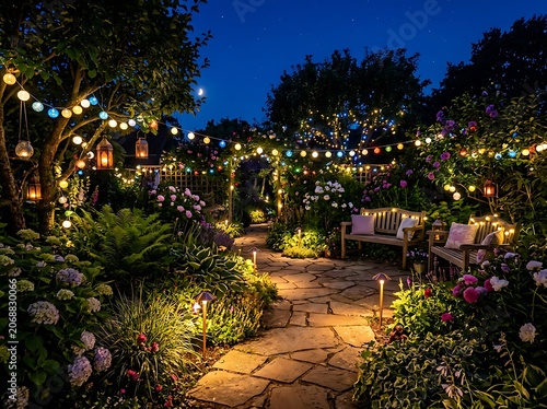 Enchanted Garden Pathway Lit by String Lights at Night.