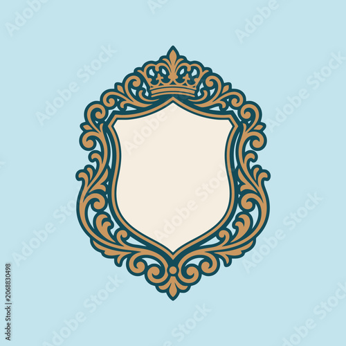 Photography An elegant golden royal shield frame with a decorative crown top