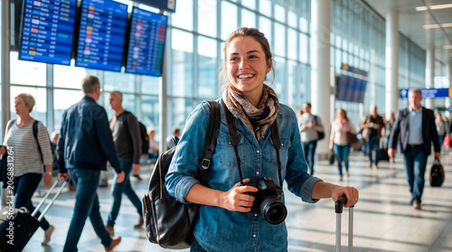 Young woman with camera and luggage at airport terminal, ready for travel