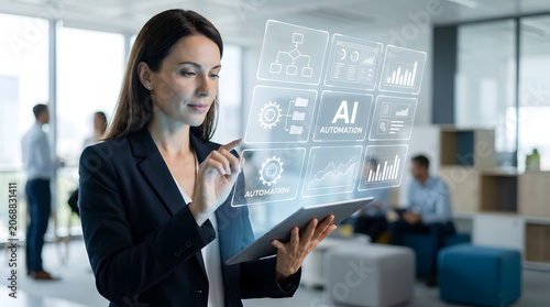 AI automation technology interface used by businesswoman in modern office, digital hologram screen with data analytics, smart business management