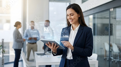Artificial intelligence business woman using tablet with AI data interface, professional female executive analyzing digital charts in modern office