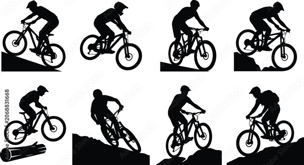 Obraz premium Mountain Bike Rider Silhouette Collection with Off Road Cycling Action and Trail Adventure Vector Set