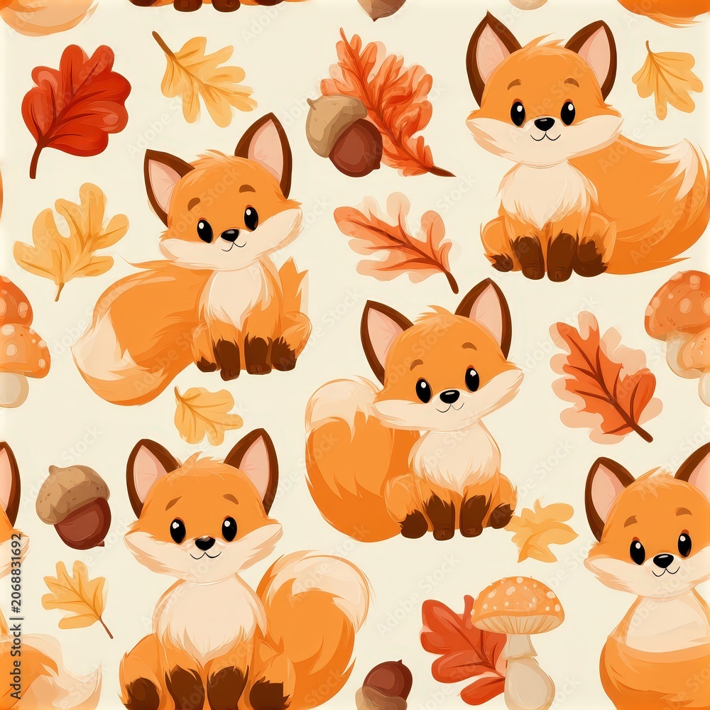 Fototapeta premium Cute fox pattern with mushrooms and autumn leaves, woodland theme, playful nursery illustration, charming animal design. SEAMLESS PATTERN