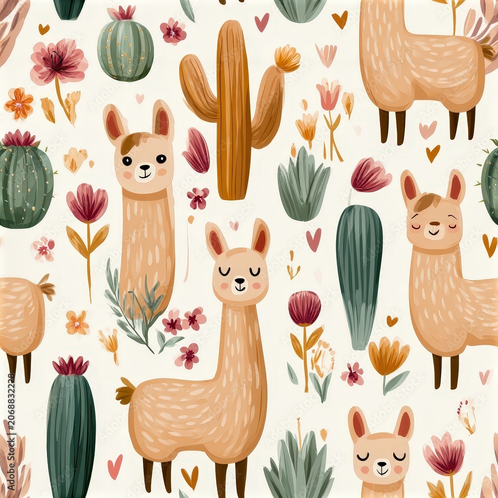 Fototapeta premium Cute llama and cactus pattern in soft pastel tones, playful nursery theme, whimsical animal illustration. SEAMLESS PATTERN
